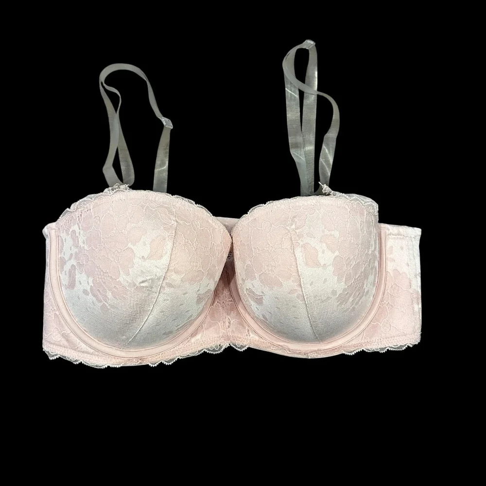 Torrid 38DD Pink Lace Push Up Strapless Bra Underwire Removable Clear Straps